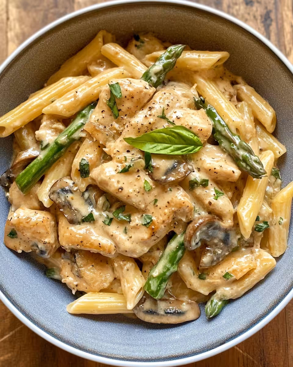 Creamy mushroom asparagus chicken penne in pressure cooker ready to serve