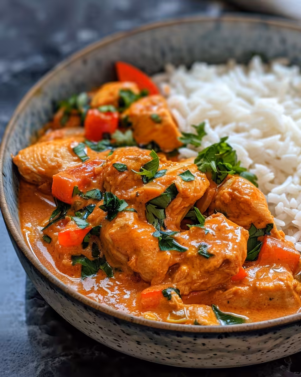 Plated creamy chicken paprika with parsley garnish and rice