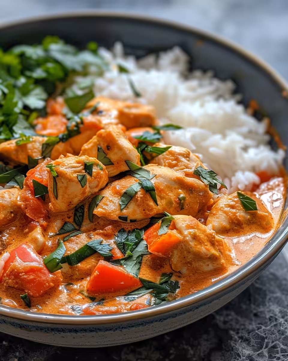 Creamy chicken paprika simmering in the pot with rice