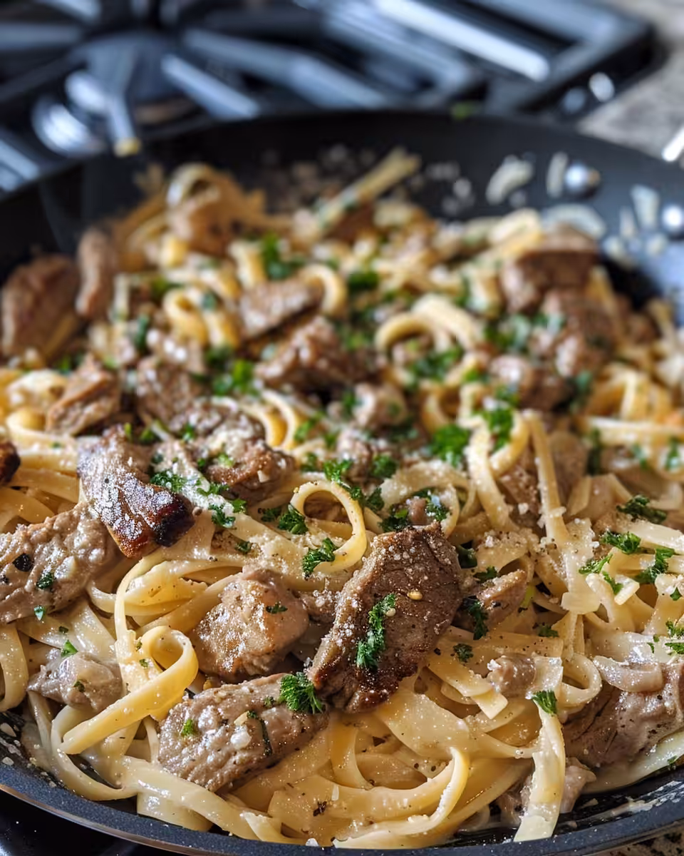 Simmering creamy Parmesan beef linguine sauce bubbling in skillet