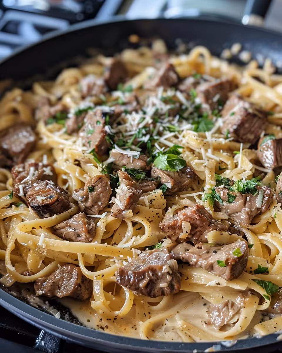 Pressure cooker bubbling with creamy Parmesan beef linguine and garlic butter sauce