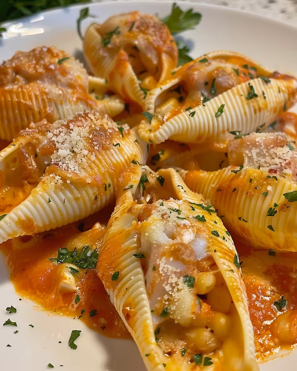 Golden breadcrumb topped seafood stuffed shells fresh from oven ready to serve