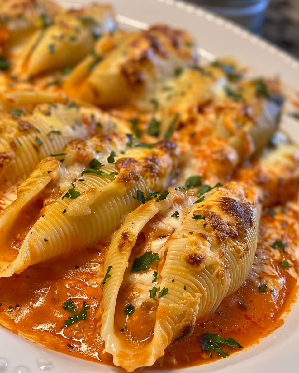 Buttery creamy seafood stuffed shells fresh and steaming in pressure cooker