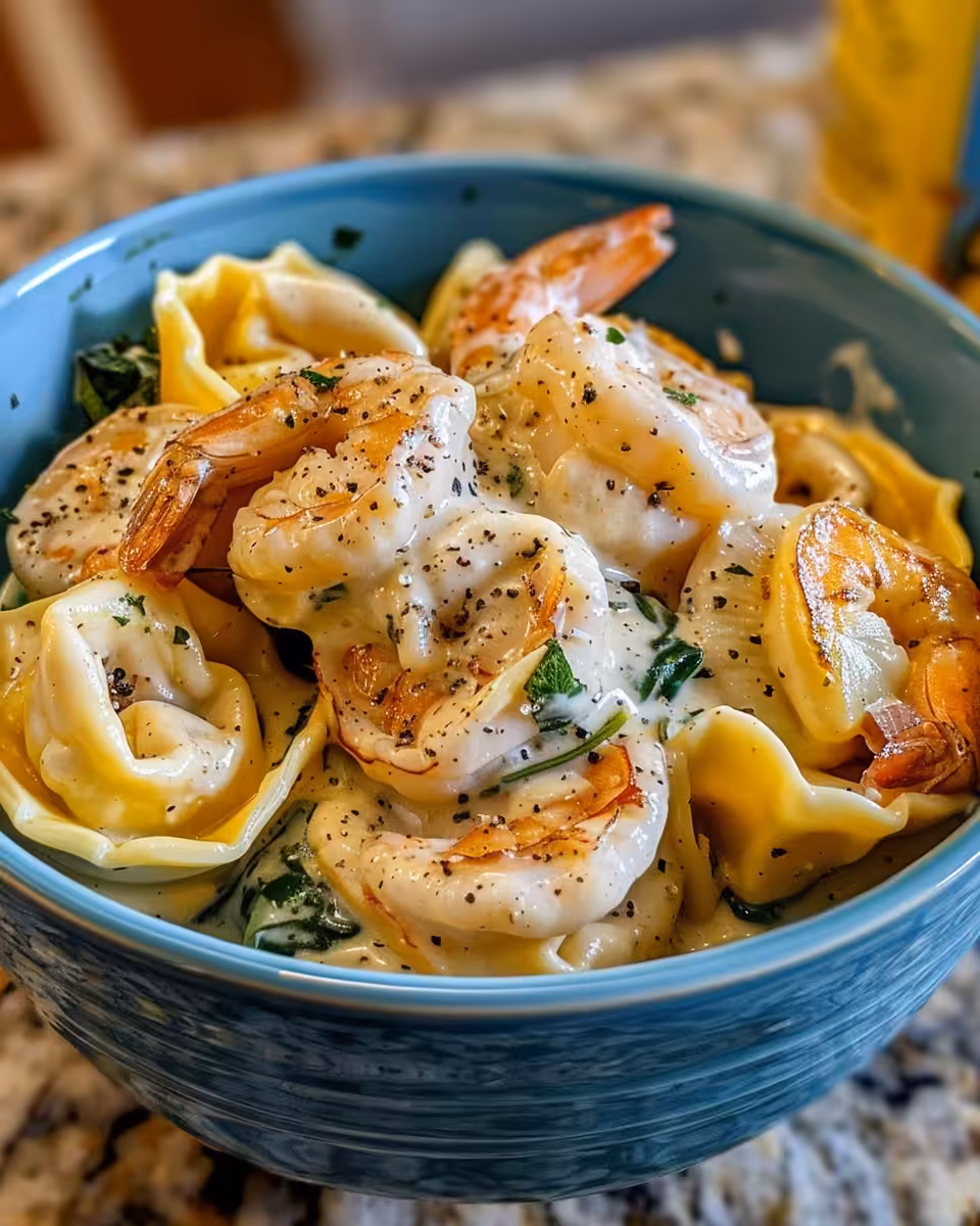 Ingredients for creamy shrimp tortellini including fresh shrimp, spices, and cheese