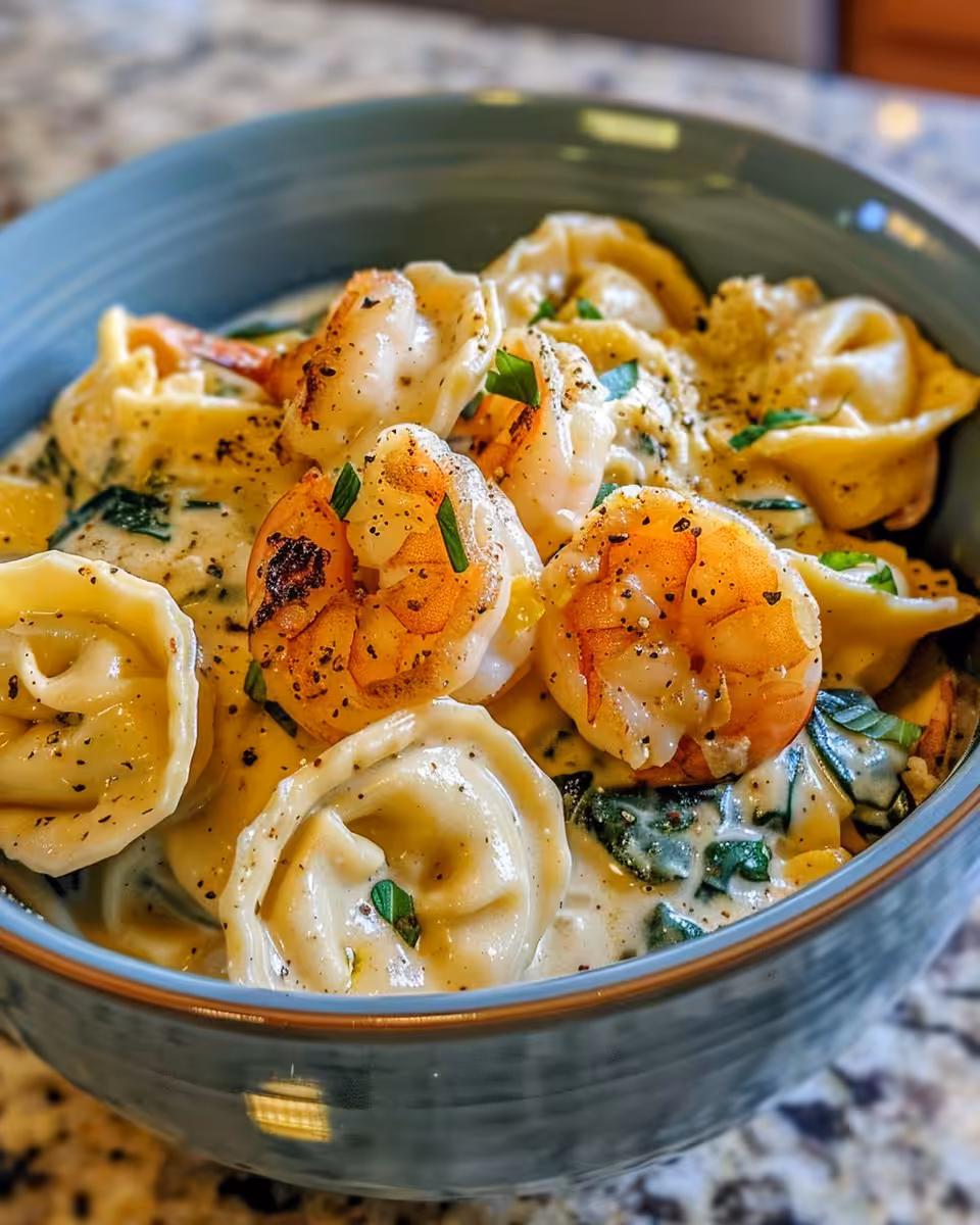 Final creamy shrimp and spinach tortellini plated and ready to enjoy