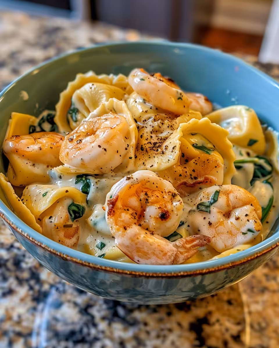 Creamy shrimp and spinach tortellini freshly prepared