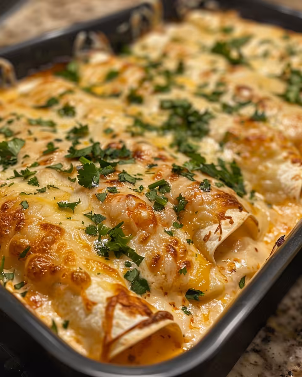 Plated shrimp enchiladas topped with cheese and garnished with chopped poblano and cilantro