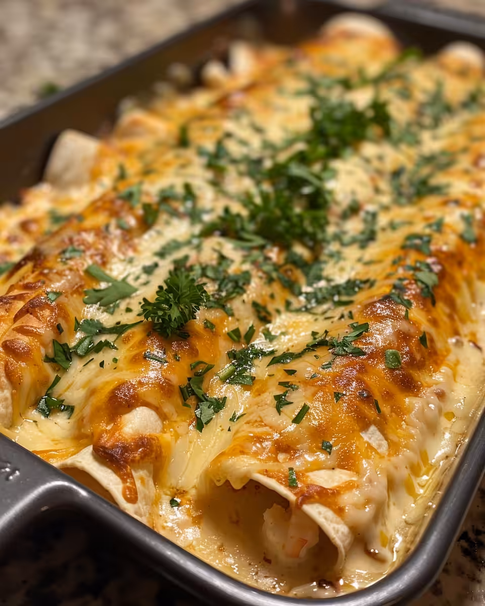 Creamy shrimp enchiladas fresh from the pressure cooker with steam rising