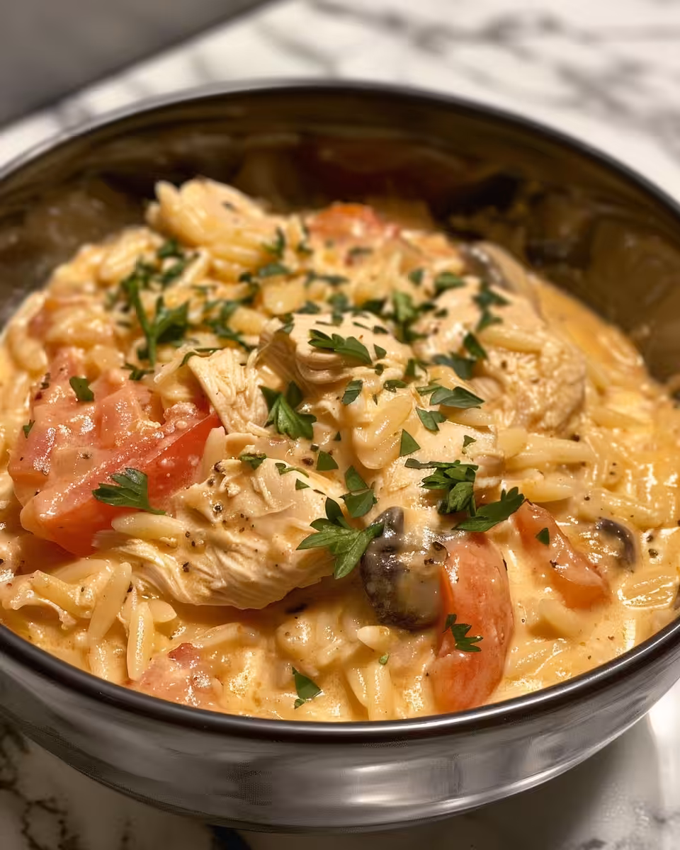 Creamy slow cooker Tuscan chicken in a bowl with orzo pasta