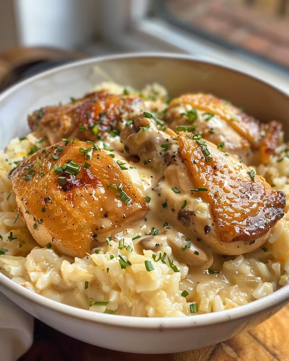 Final creamy smothered chicken thighs plated and garnished