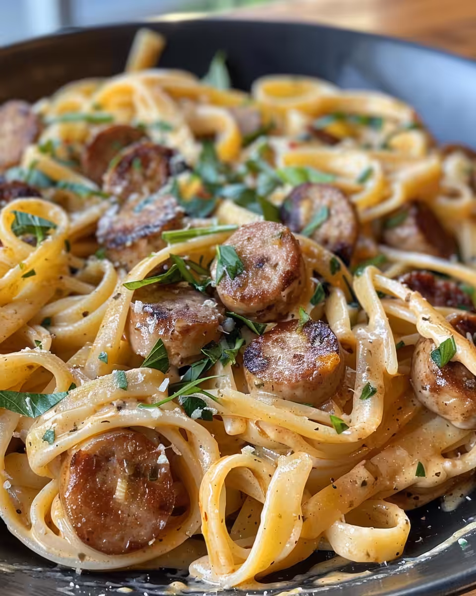 Ready creamy Cajun sausage pasta served with fresh parsley and Parmesan