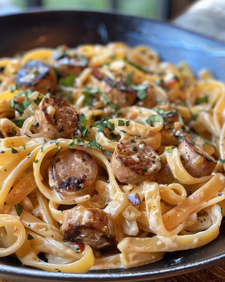 Creamy spicy Cajun sausage pasta fresh out of the pressure cooker