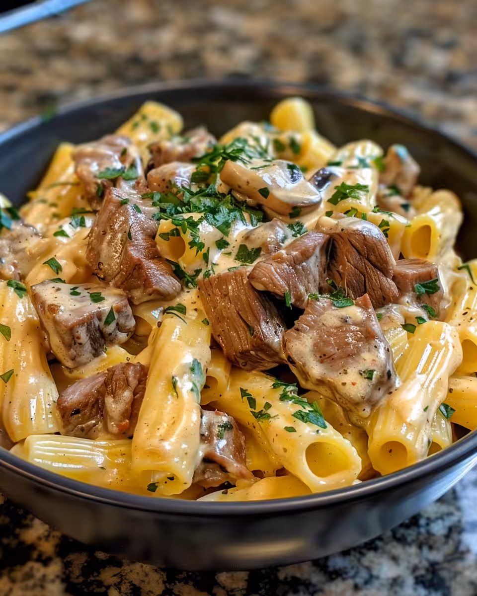 Ingredients for creamy steak fajita pasta including peppers, onions, steak, and cream