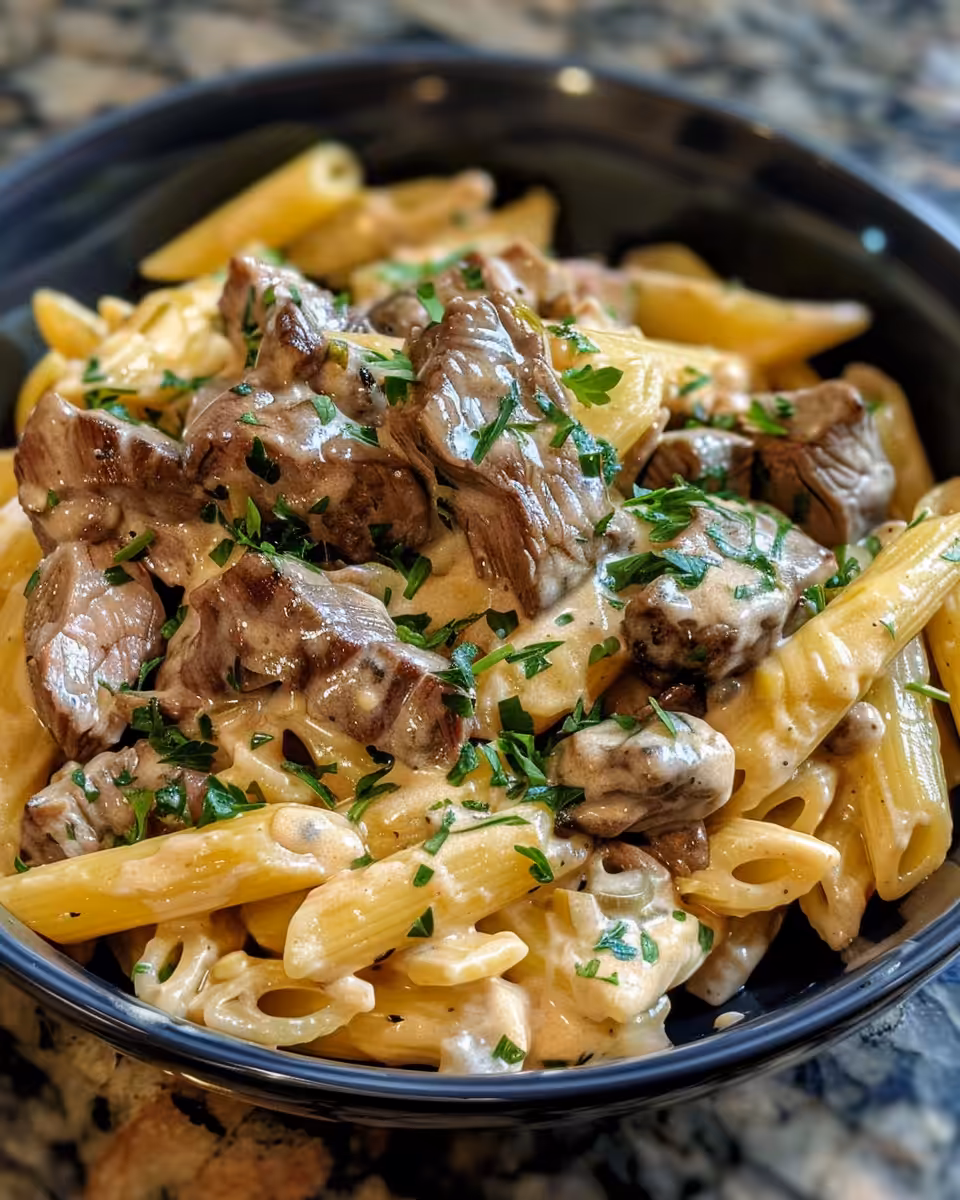 Creamy steak fajita pasta sizzling and ready to serve