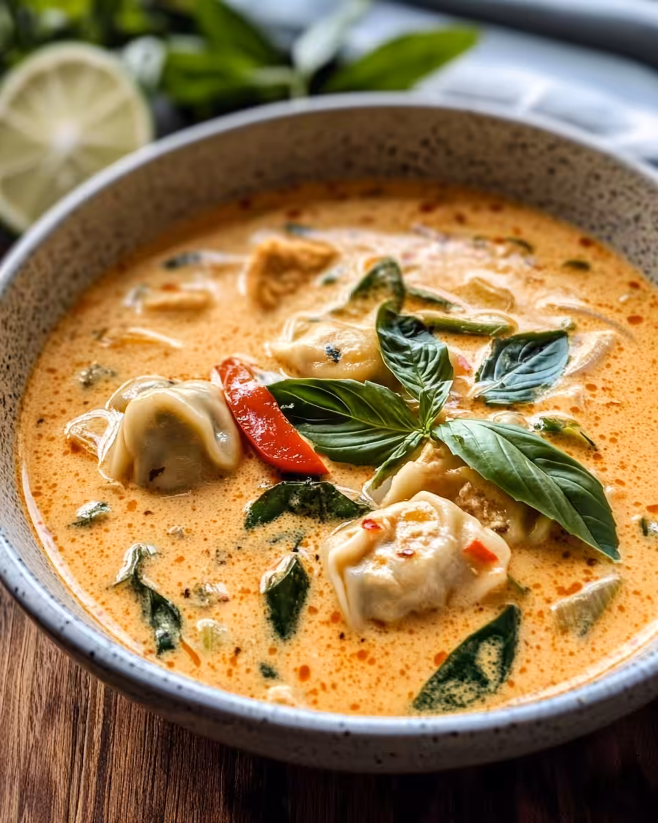 Fresh ingredients for creamy Thai dumpling soup including curry paste, garlic, and lemongrass
