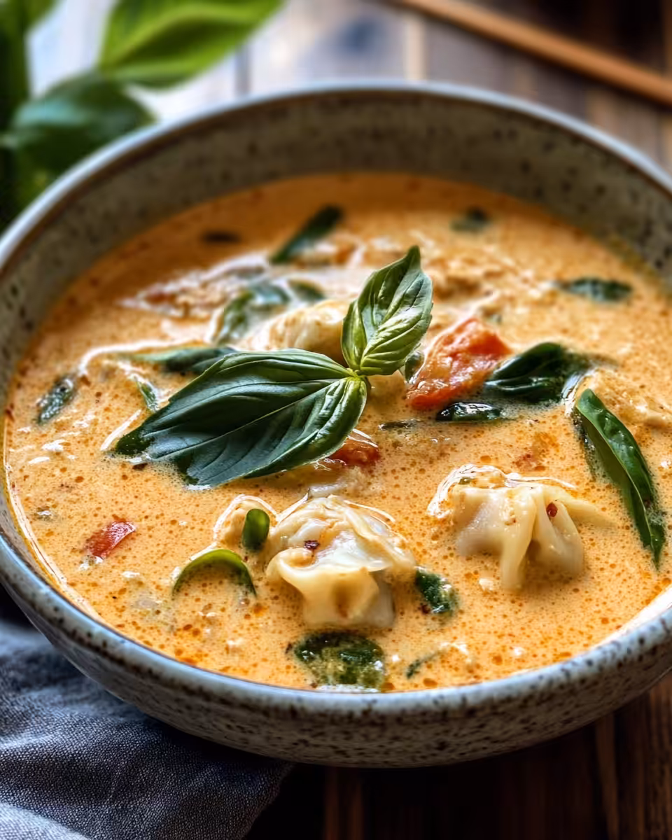 Served bowl of creamy Thai dumpling soup garnished with cilantro and chili oil