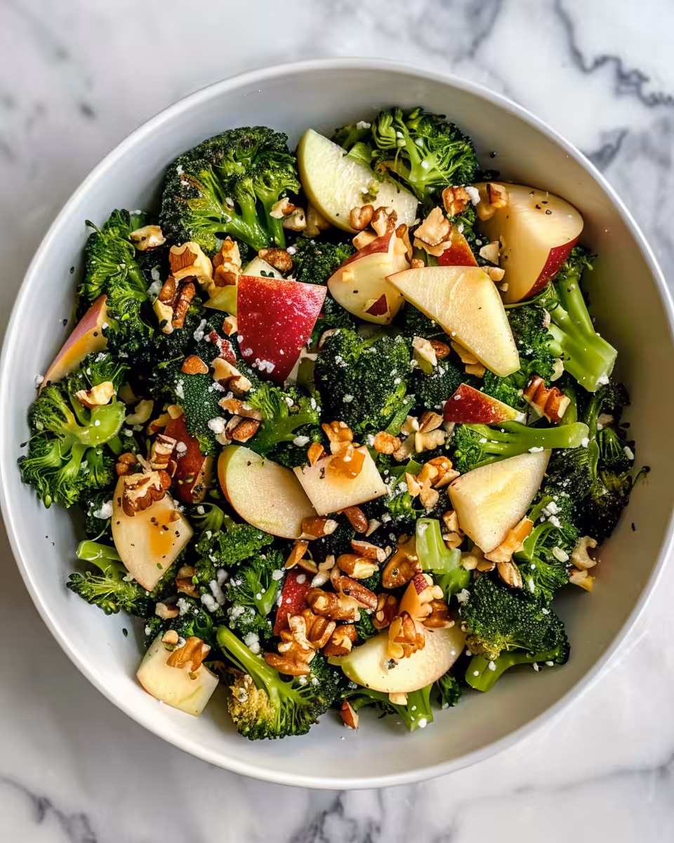 Final plated apple broccoli salad served chilled and garnished