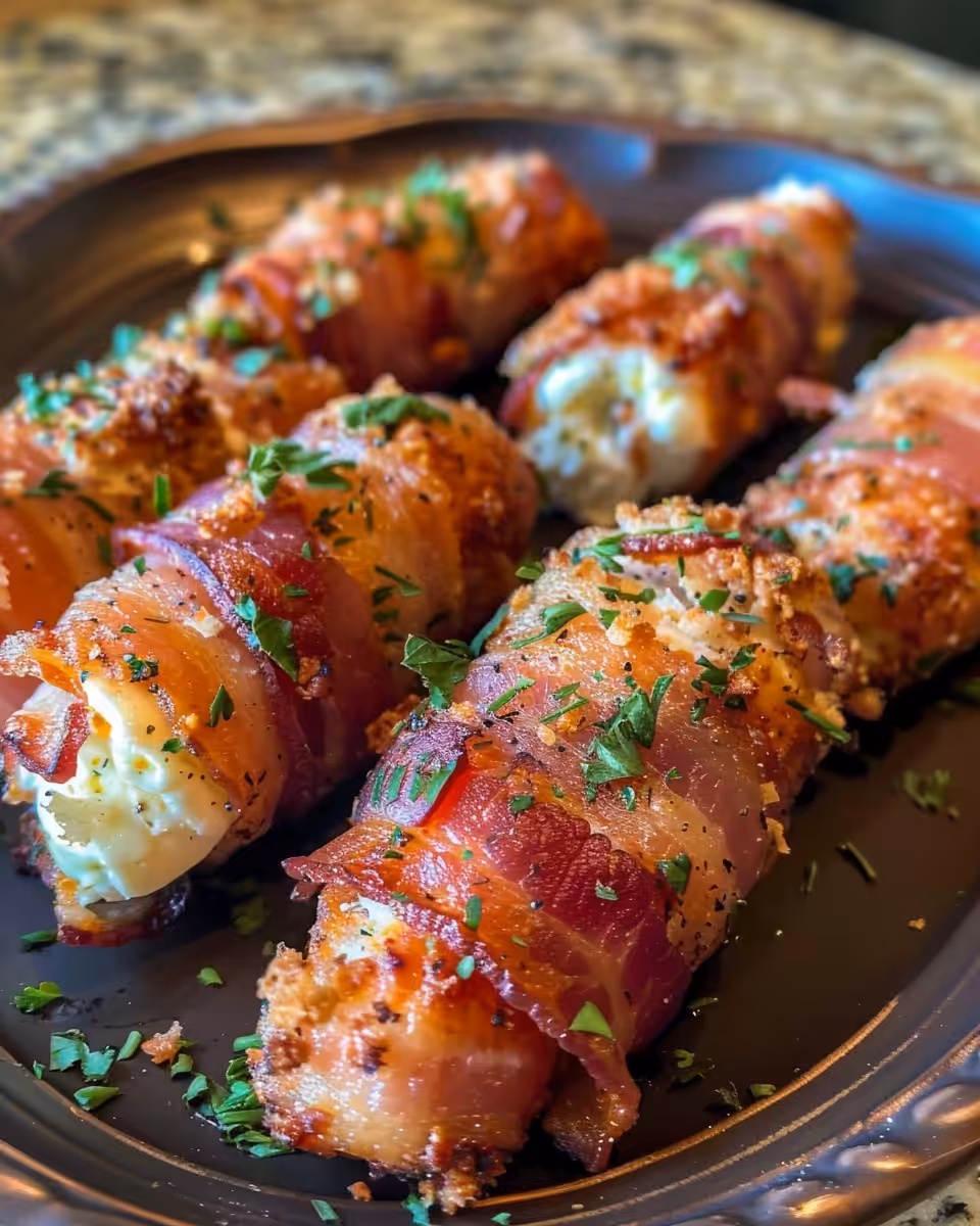 Close up of crispy bacon wrapped mozzarella cheese sticks fresh from pressure cooker