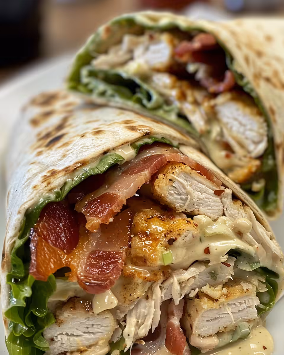 Final crispy chicken bacon ranch wraps served on plate