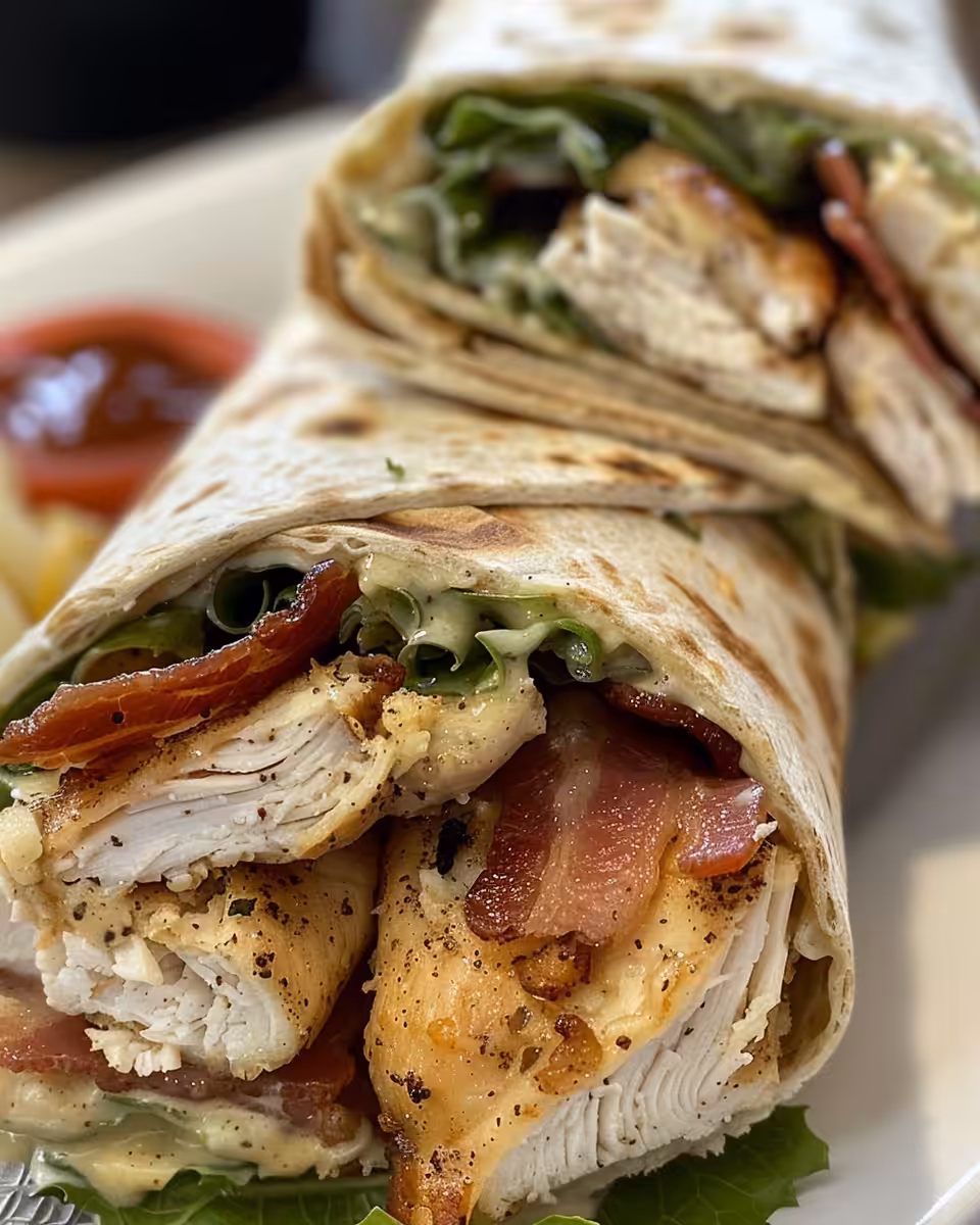 Crispy chicken bacon ranch wraps ready to serve in tortillas