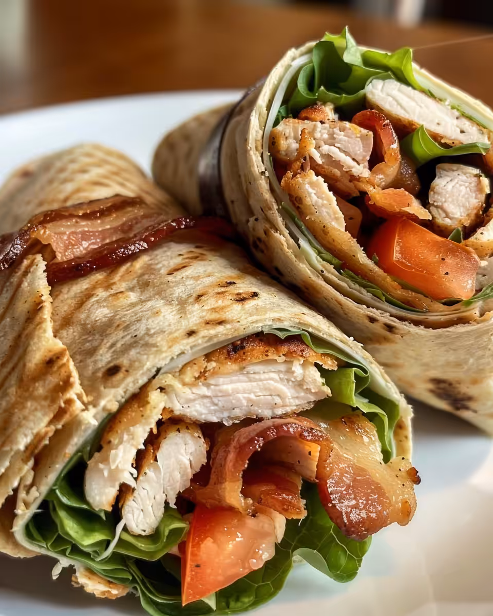 Close-up of final plated crispy chicken bacon wraps served fresh