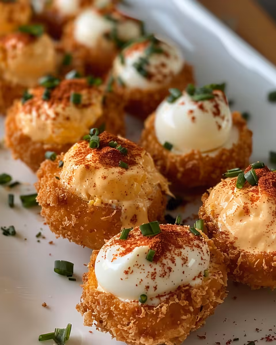 Close up of a golden crispy deviled egg garnished with chives ready to eat