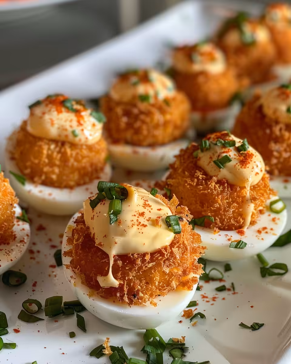Steaming crispy fried deviled eggs fresh from the fryer