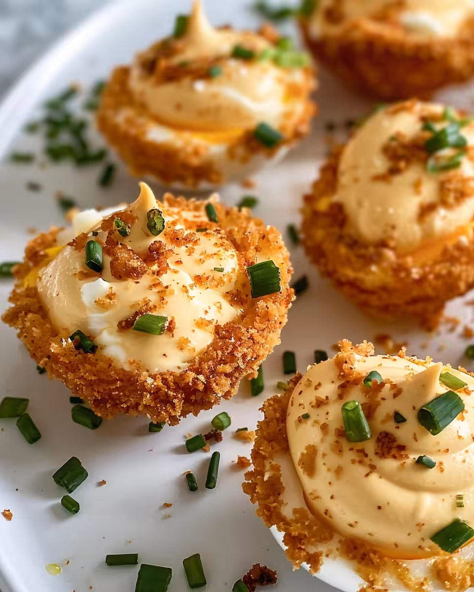 Ingredients for crispy fried deviled eggs laid out on table