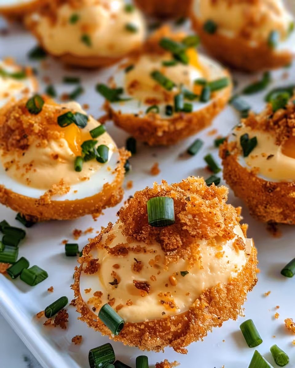 Final served crispy fried deviled eggs plated and ready to eat