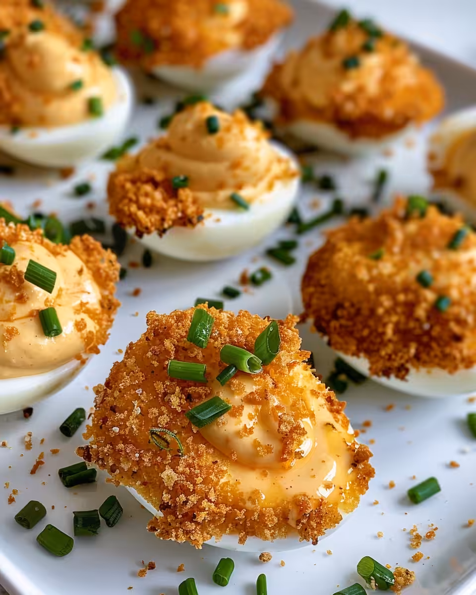 Close up of crispy fried deviled eggs fresh from the fryer