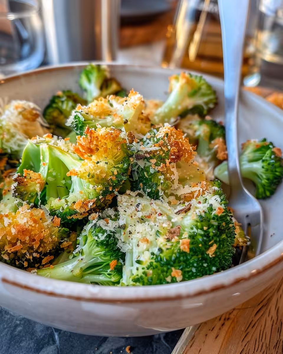 Close-up of finished crispy garlic parmesan broccoli ready to serve