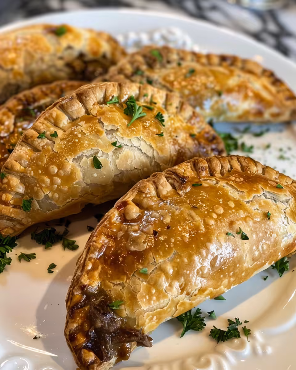 Freshly baked crispy Irish beef and Guinness hand pies with steaming flaky crusts