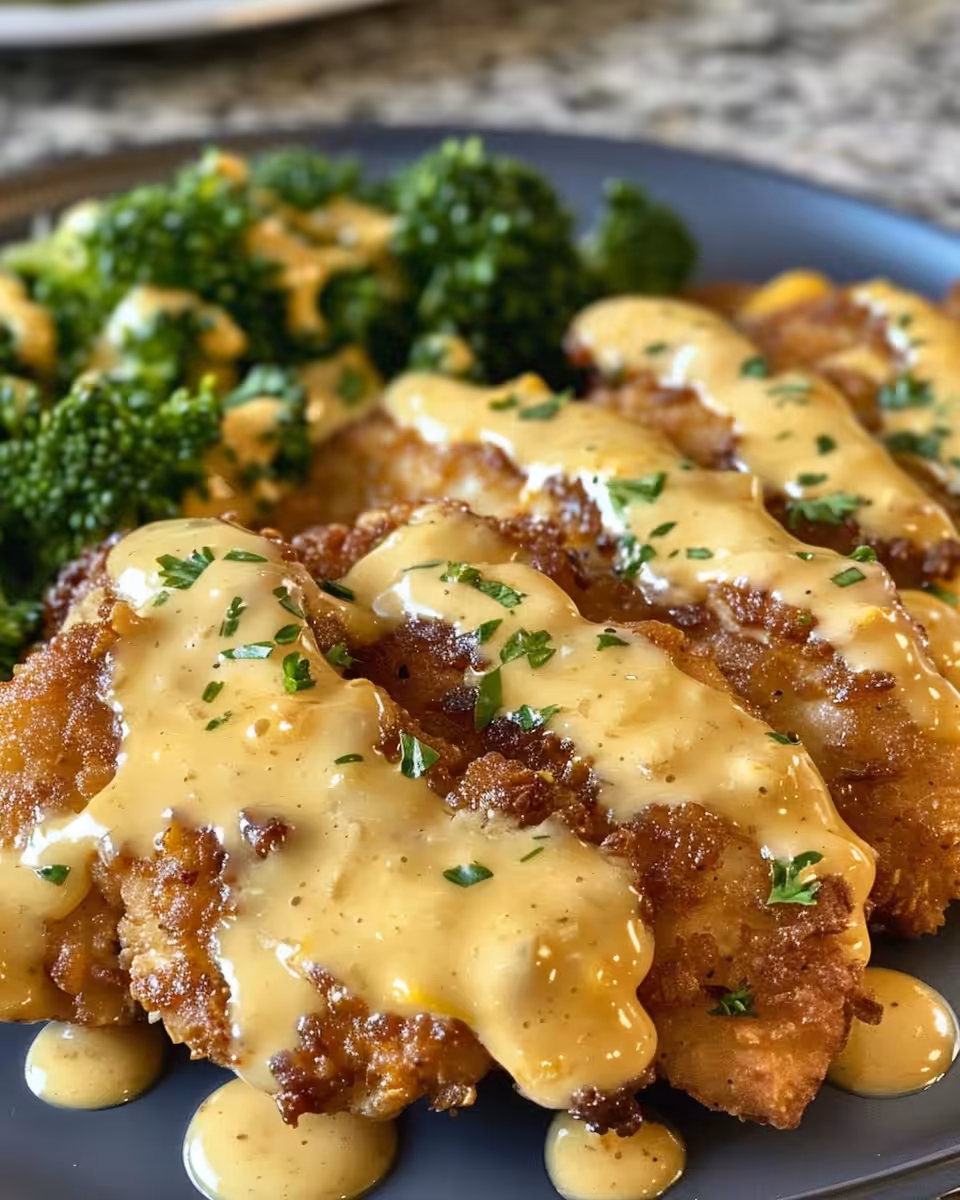 Ingredients for crispy Malibu chicken including chicken breasts, ham, Swiss cheese, and creamy mustard sauce