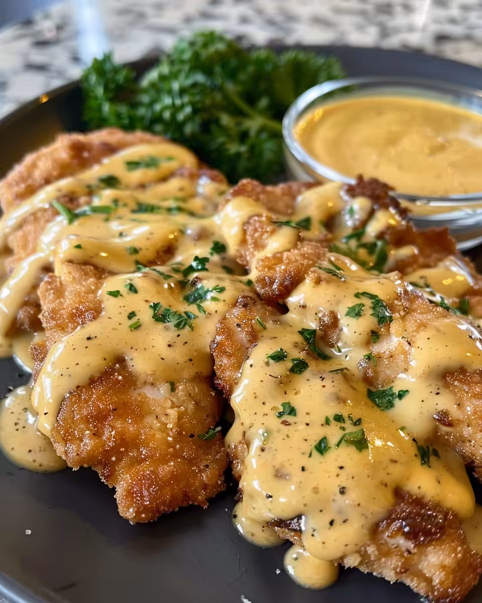 Final plated crispy Malibu chicken served with creamy mustard sauce drizzled on top
