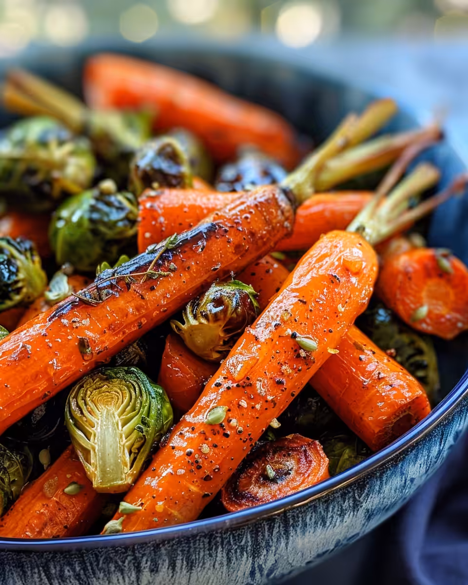Fresh ingredients for maple glazed carrots and Brussels sprouts ready for cooking