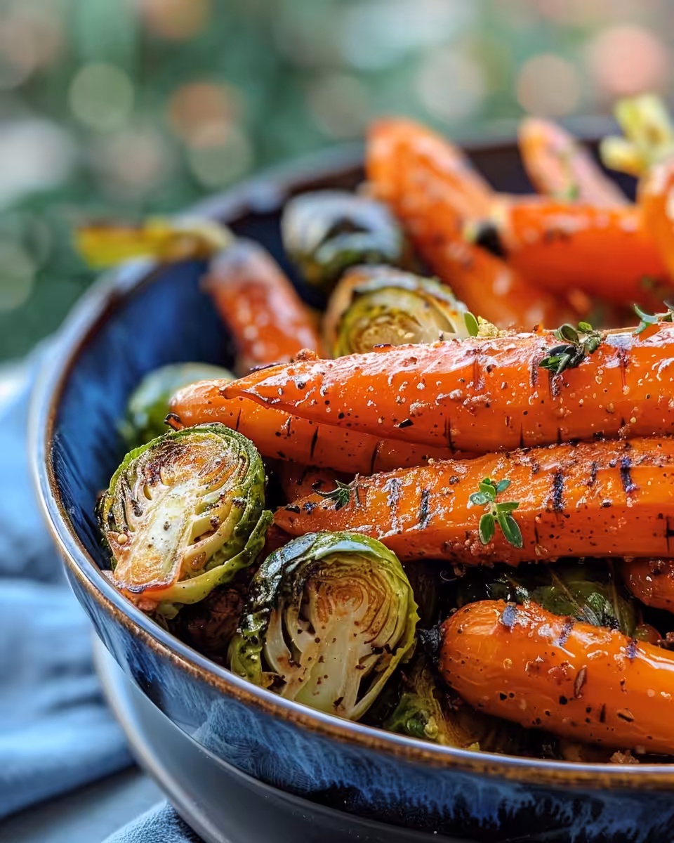 Caramelized maple glazed carrots and Brussels sprouts plated and ready to serve