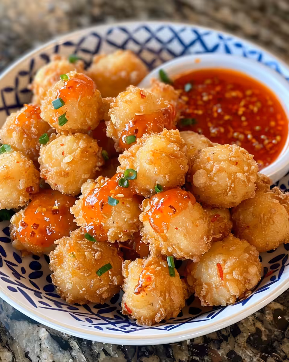 Golden fried shrimp balls laid out to cool on a plate