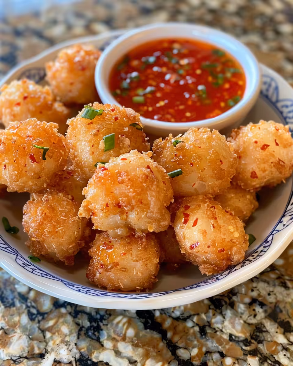 Fresh crispy shrimp balls sizzling with sweet chili sauce