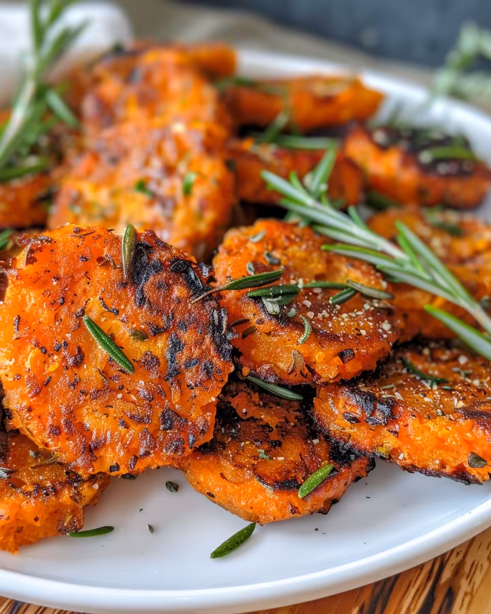 Close up of crispy smashed carrots with melted parmesan and fresh thyme on top
