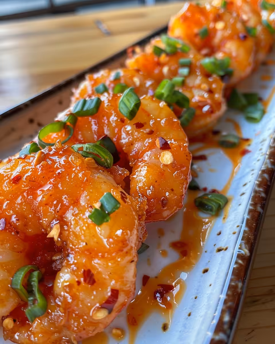 Final plated firecracker shrimp with sauce drizzle ready to serve