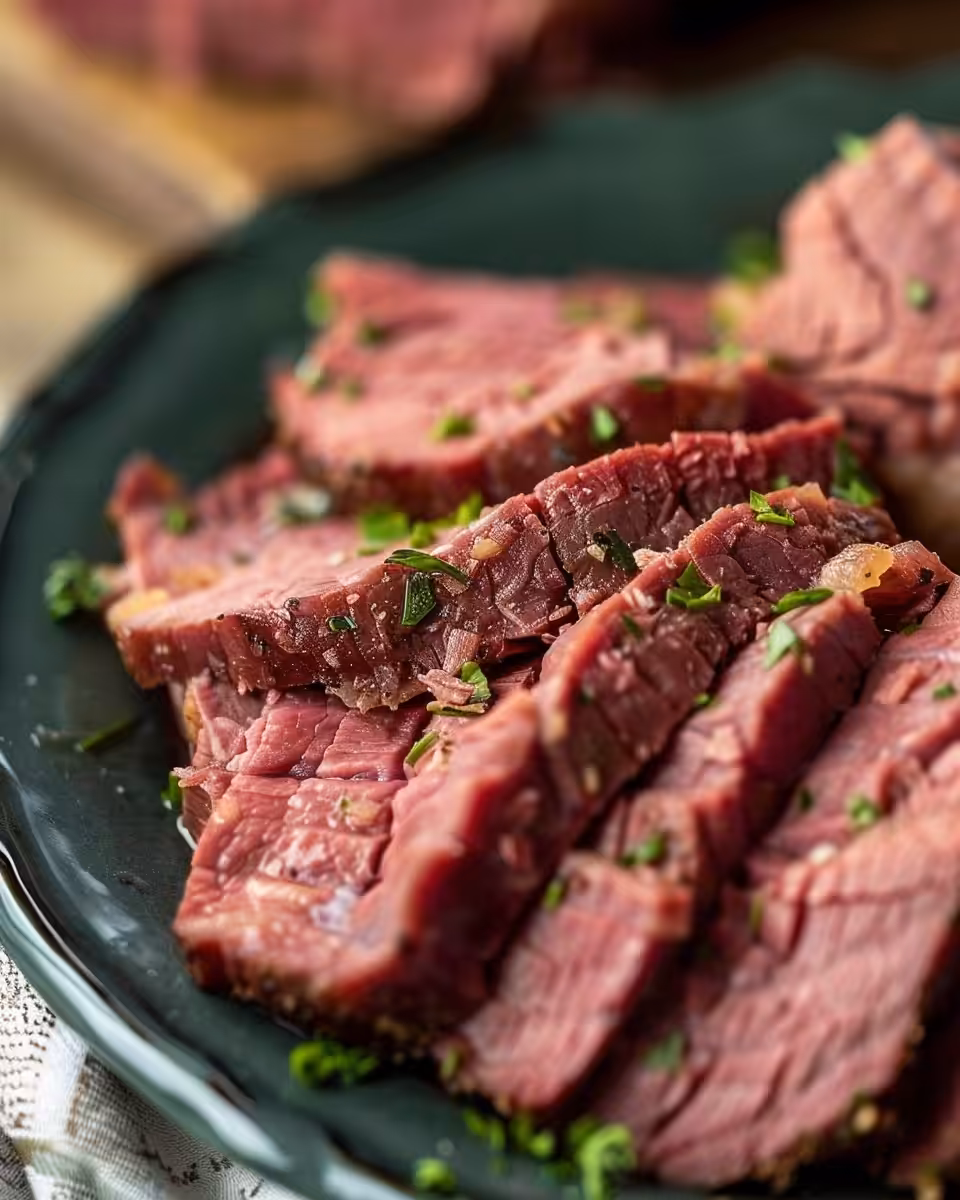 Corned beef and cabbage served on a plate with sliced carrots and potatoes
