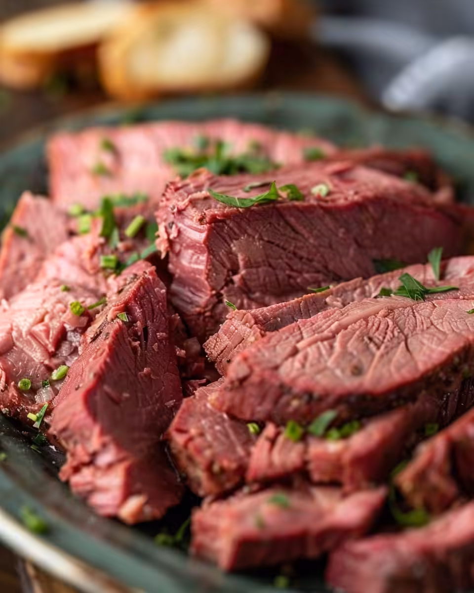 Slow cooker with tender corned beef and vegetables inside, steam rising from valve