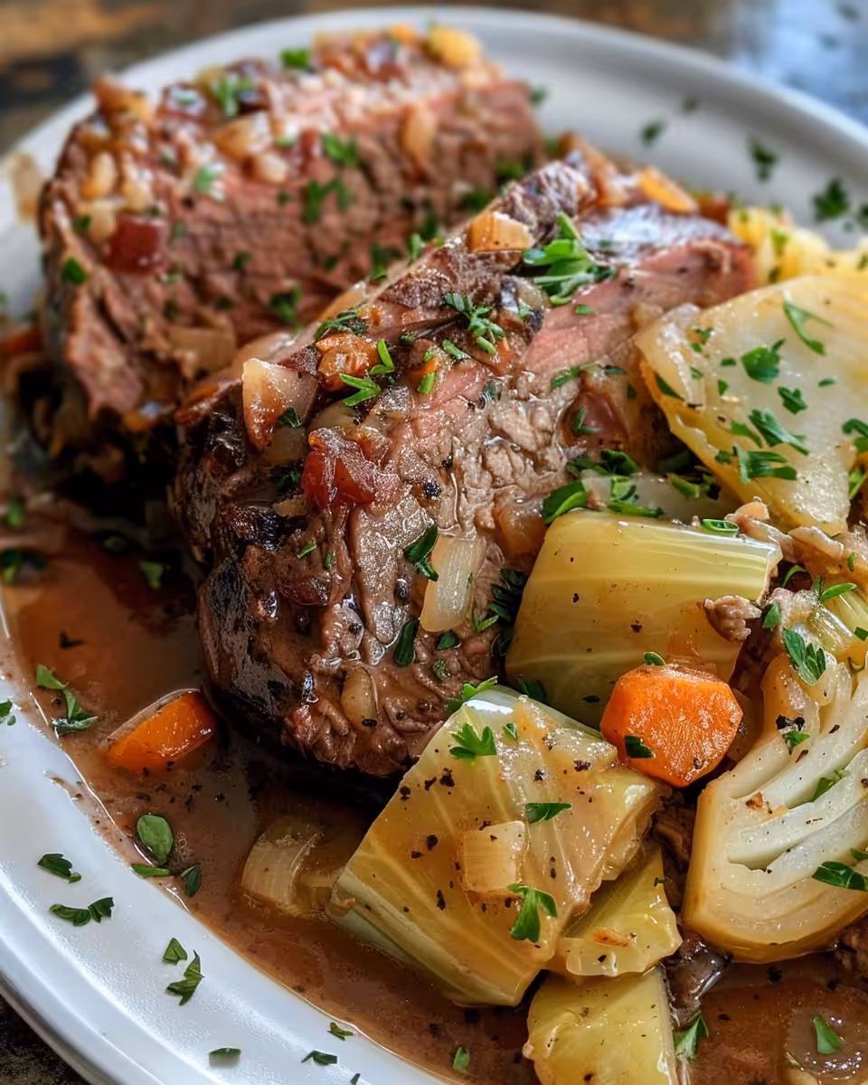 Sliced tender Guinness corned beef served with cooking liquid