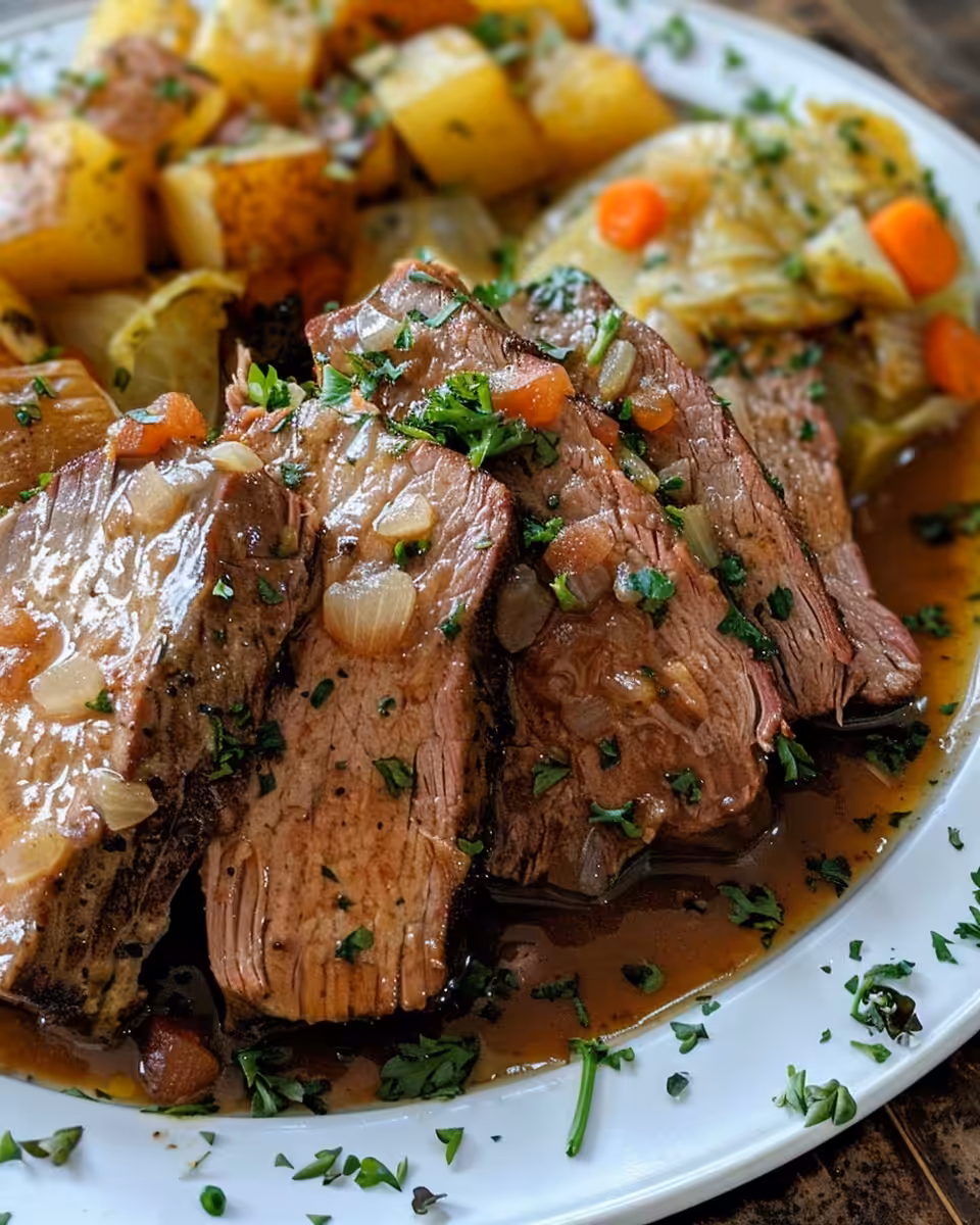 Slow cooker bubbling with corned beef in rich Guinness beer
