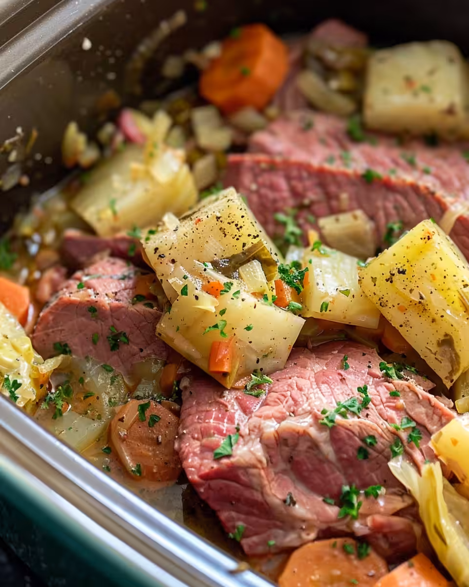 Ingredients for corned beef and cabbage with potatoes and carrots