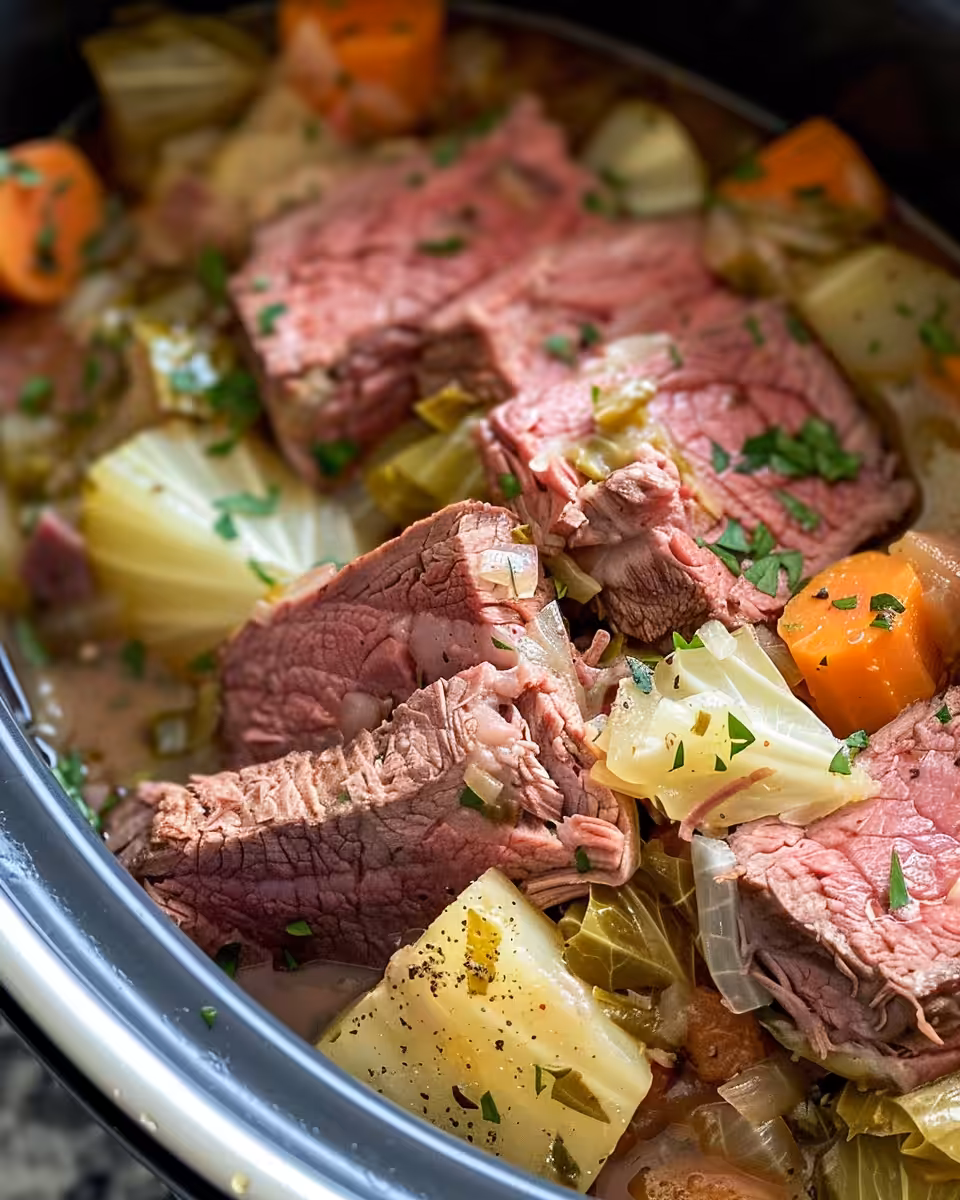 Corned beef slow cooking with added vegetables in slow cooker