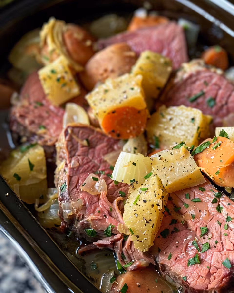 Slow cooker with corned beef brisket cooking inside