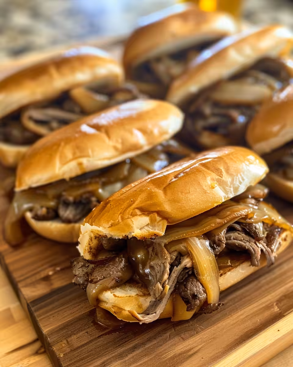 Key ingredients laid out including sliced onions, garlic, beer, au jus package and beef broth