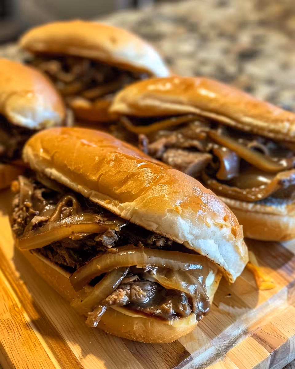 Final plated crockpot French dip sandwiches served with dipping au jus sauce