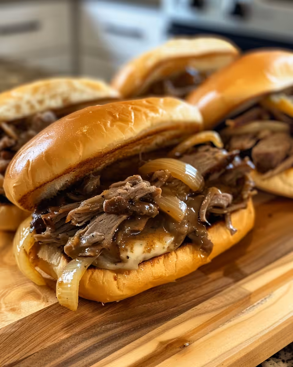 Slow cooked beef filling sandwich with a pore dripping au jus sauce